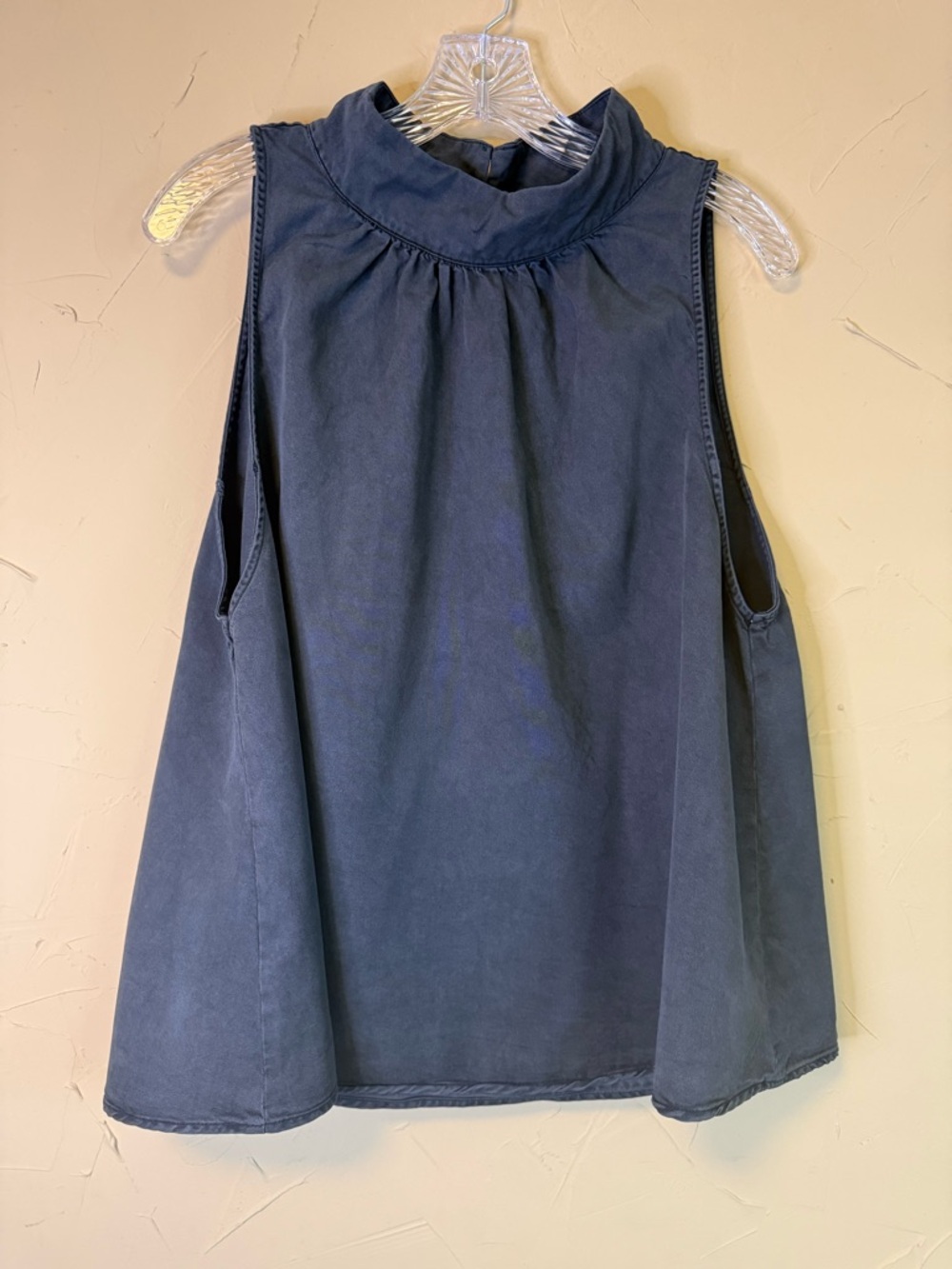 Free People Palm Breeze Top M Navy Boho Chic Mock Neck Flowy Lyocell Minimalist